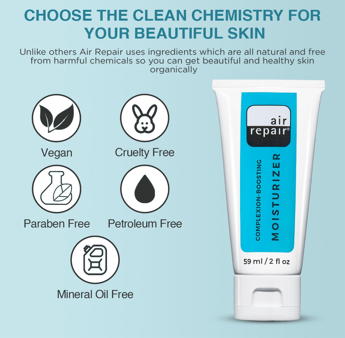 Air Repair ingredients display with hyaluronic acid and ceramide visuals to show active support