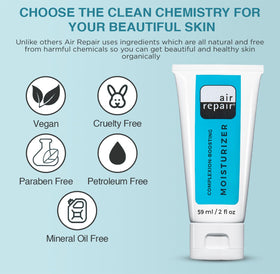 Air Repair ingredients display with hyaluronic acid and ceramide visuals to show active support