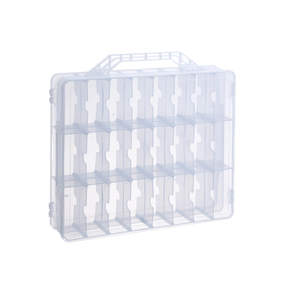 AISLE 3 ESSENTIALS front view clear case showing organized bottles and quick selection
