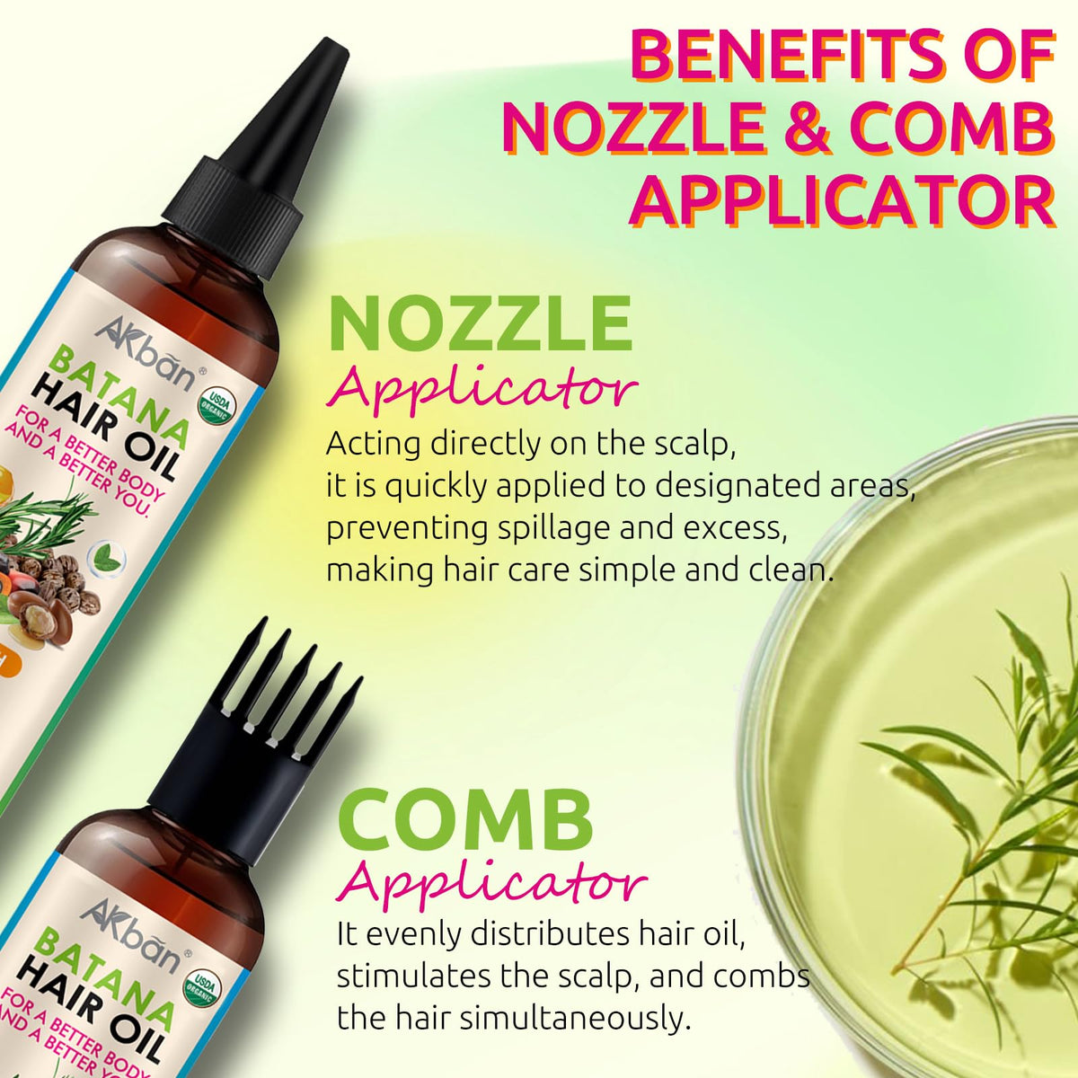 AKBAN comb applicator in use distributing oil evenly along hair
