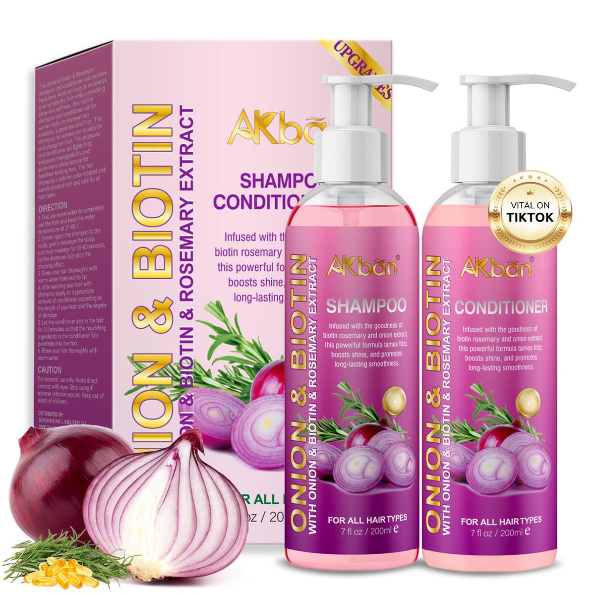 AKBAN front packaging of shampoo and conditioner set shows natural strengthening benefits