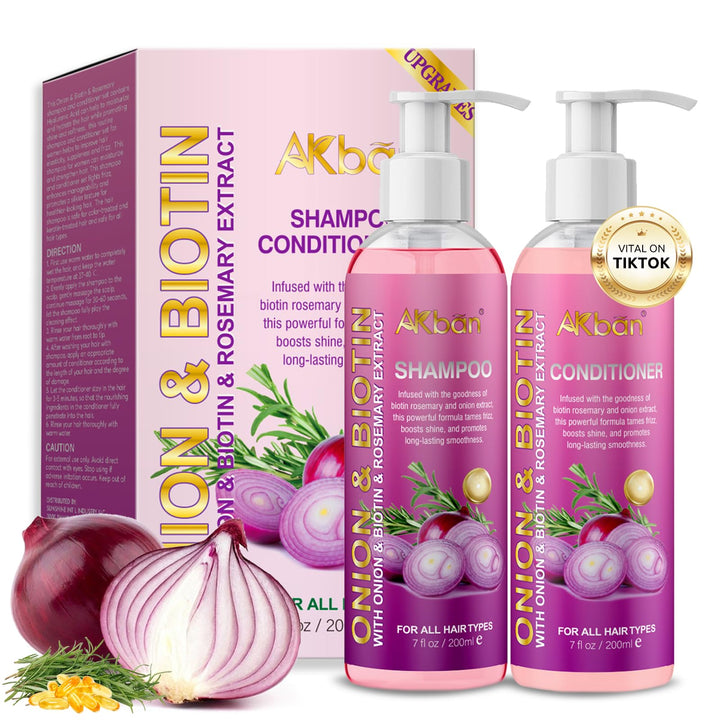 AKBAN front packaging of shampoo and conditioner set shows natural strengthening benefits