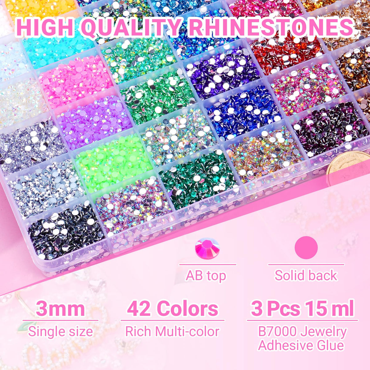 AkiliBIELY 3mm rhinestone next to coin for scale and consistent sizing
