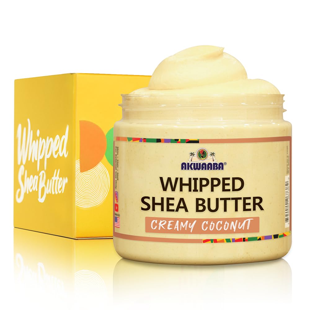 AKWAABA jar front view showcasing creamy coconut scent and benefits