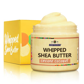 AKWAABA jar front view showcasing creamy coconut scent and benefits