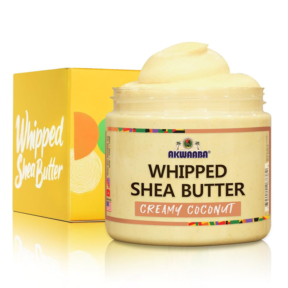 AKWAABA jar front view showcasing creamy coconut scent and benefits