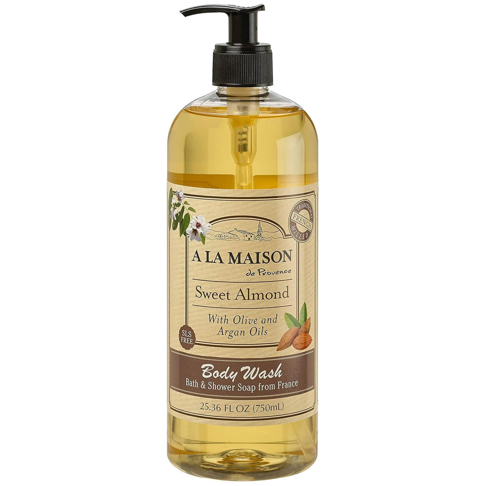 A LA MAISON front bottle showing sweet almond label and eco benefits