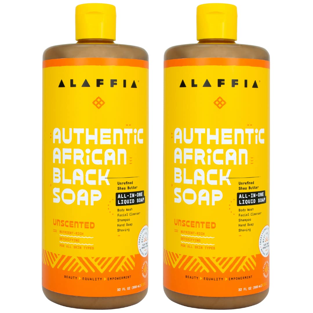 Alaffia front packaging showing unscented dual 32 oz bottles and clear benefits