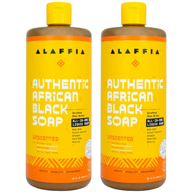 Alaffia front packaging showing unscented dual 32 oz bottles and clear benefits