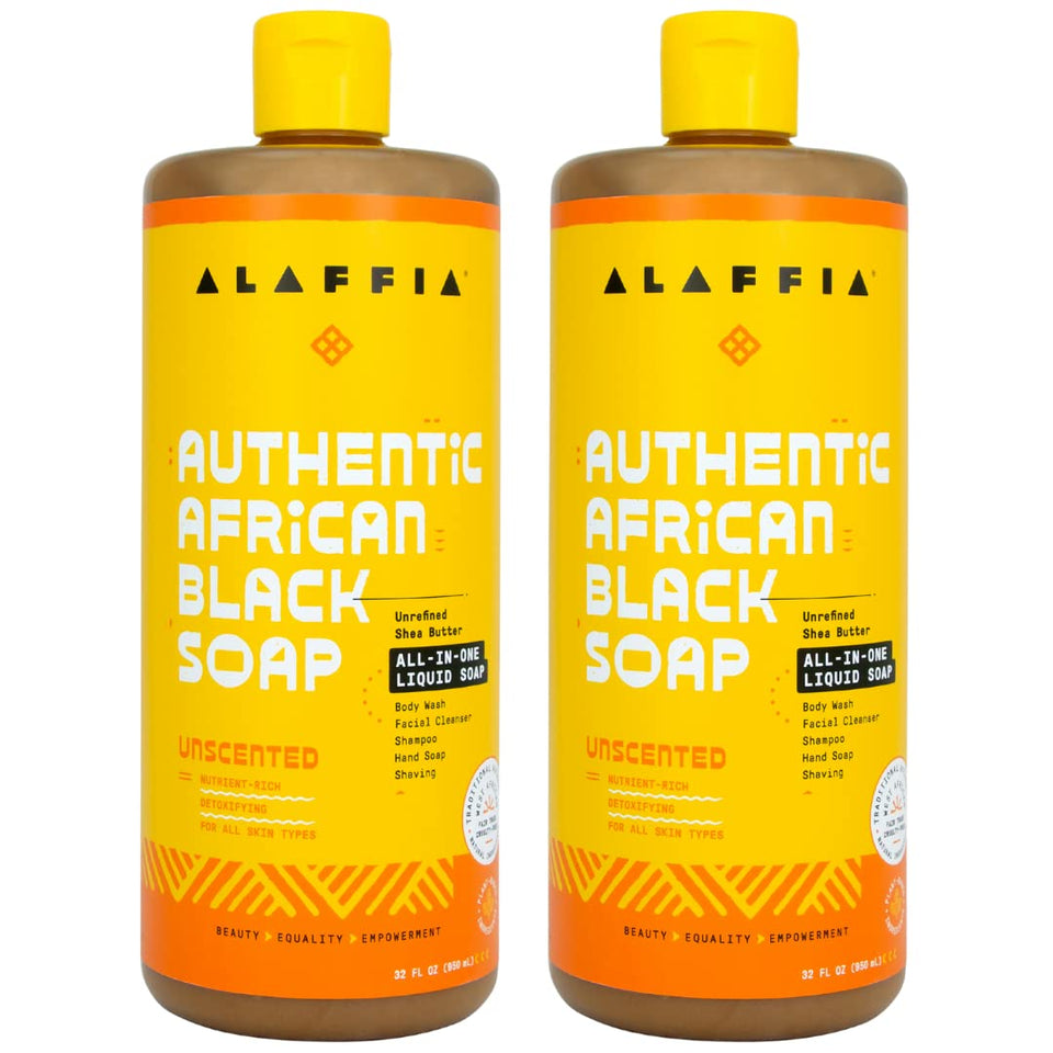 Alaffia front packaging showing unscented dual 32 oz bottles and clear benefits