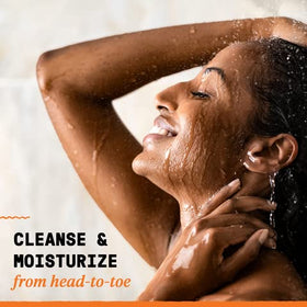 Alaffia being used as shampoo showing clean scalp and reduced flaking benefit