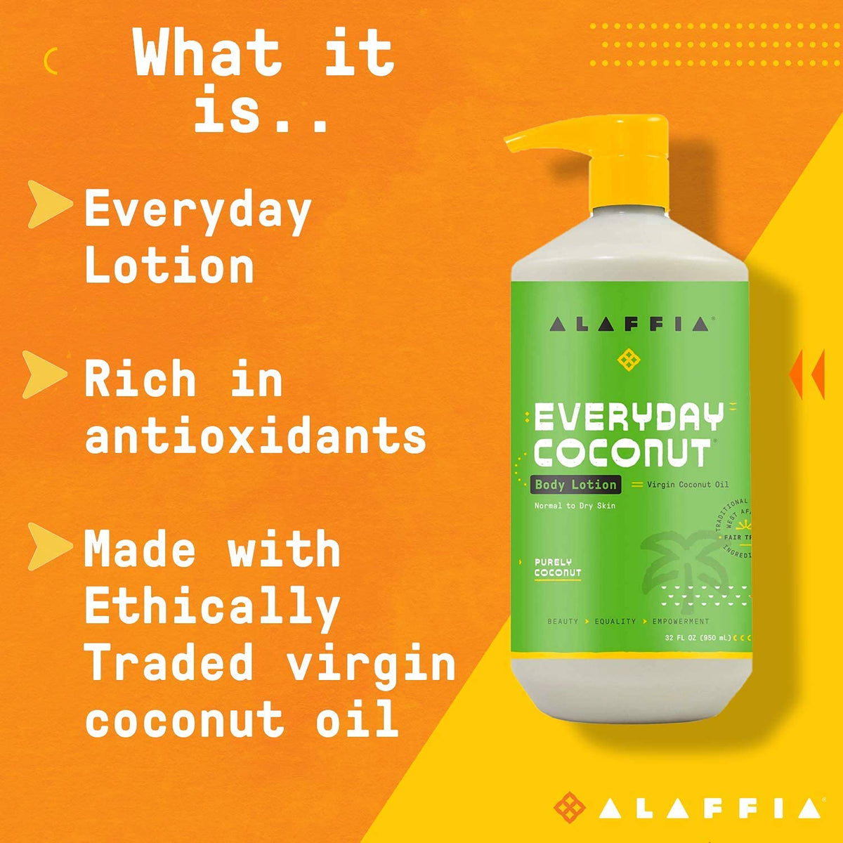 Alaffia bottle next to coconut fruit highlighting fair-trade ingredients