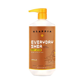 Alaffia bottle on bathroom counter in lifestyle scene, suggests everyday family use
