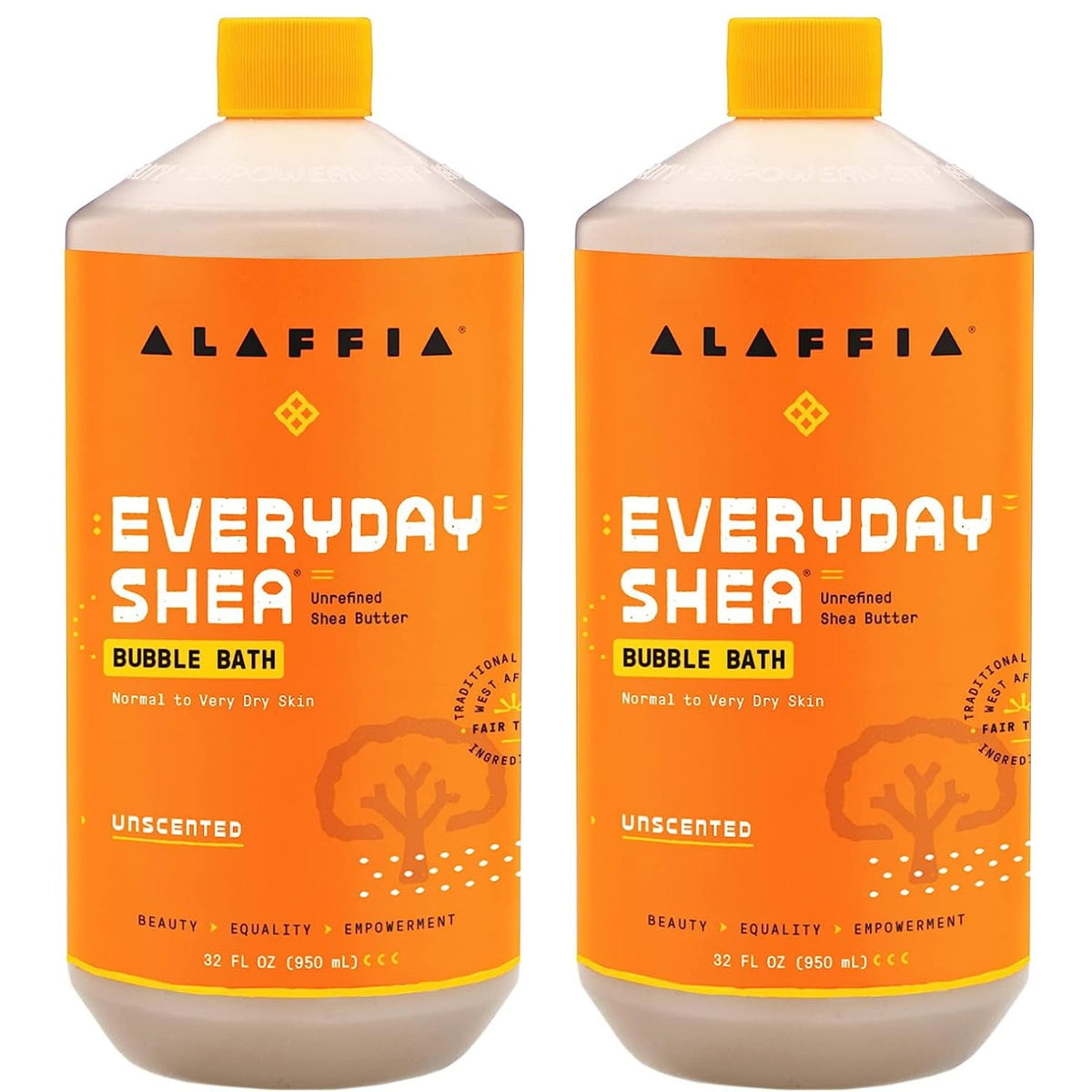 Alaffia front packaging showing two unscented bubble bath bottles and product benefit