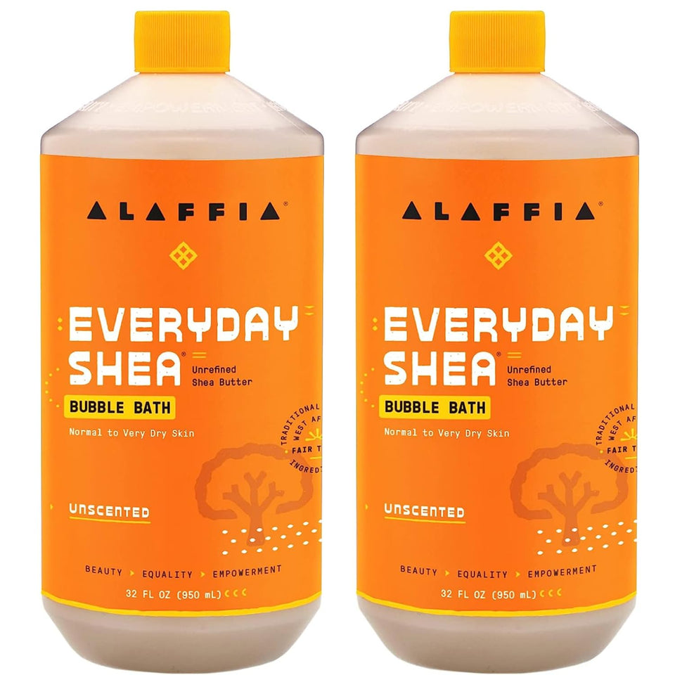 Alaffia front packaging showing two unscented bubble bath bottles and product benefit