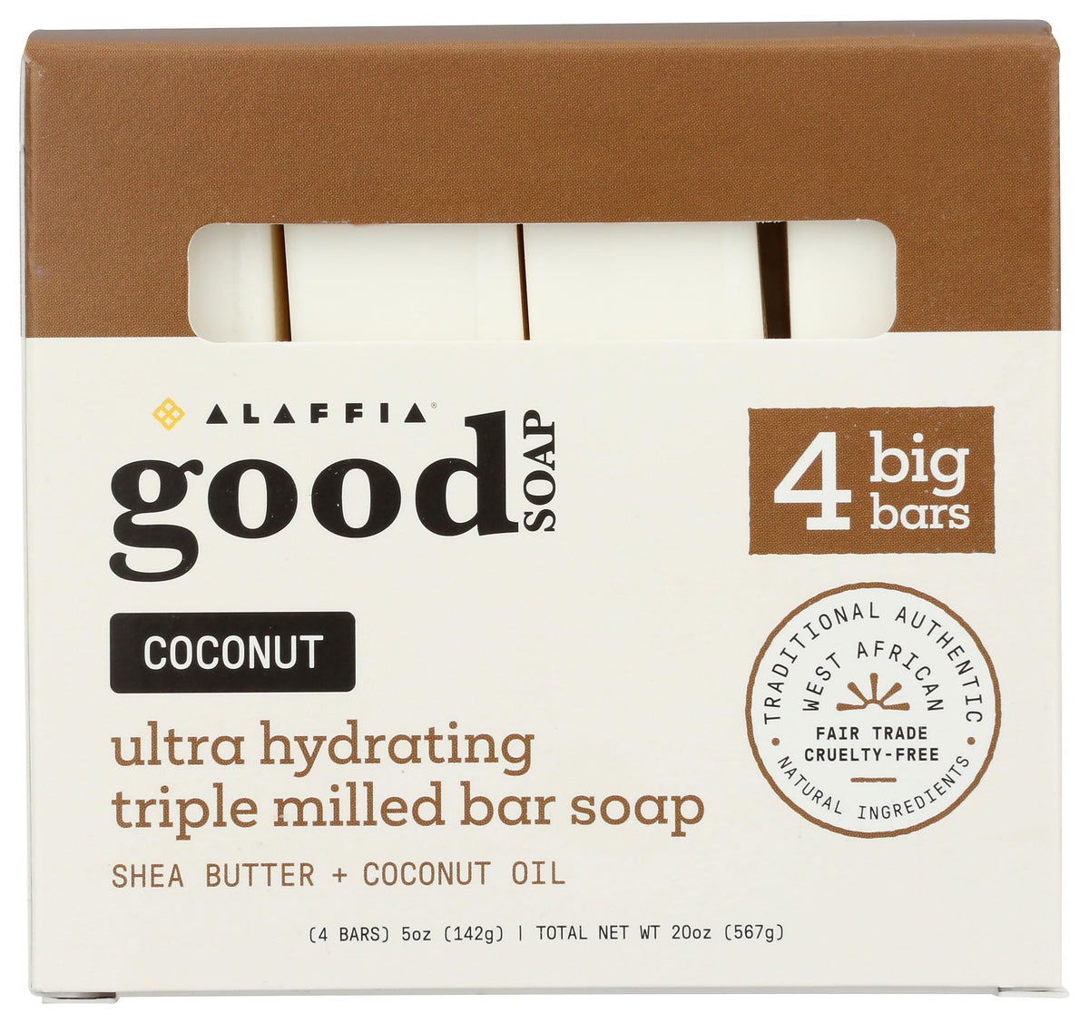 Alaffia front packaging showing four 20 oz coconut bars and value savings
