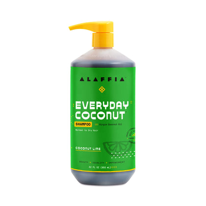 Alaffia bottle front view showing label and coconut-lime scent benefit