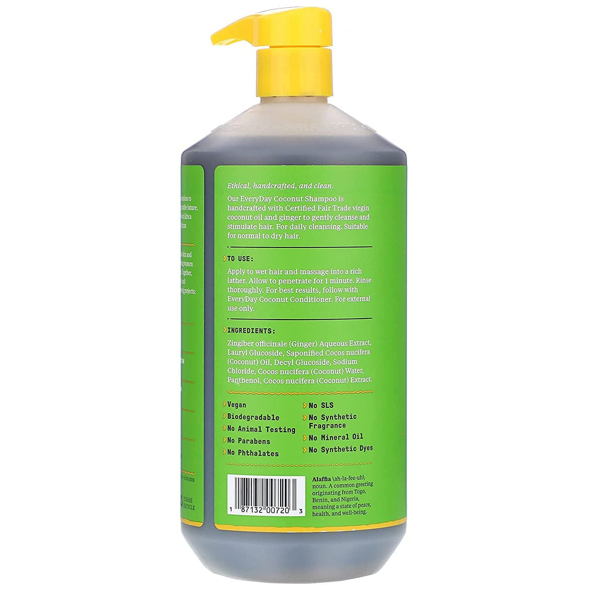 Alaffia full 32 fl oz bottle beside a hand for size comparison benefit