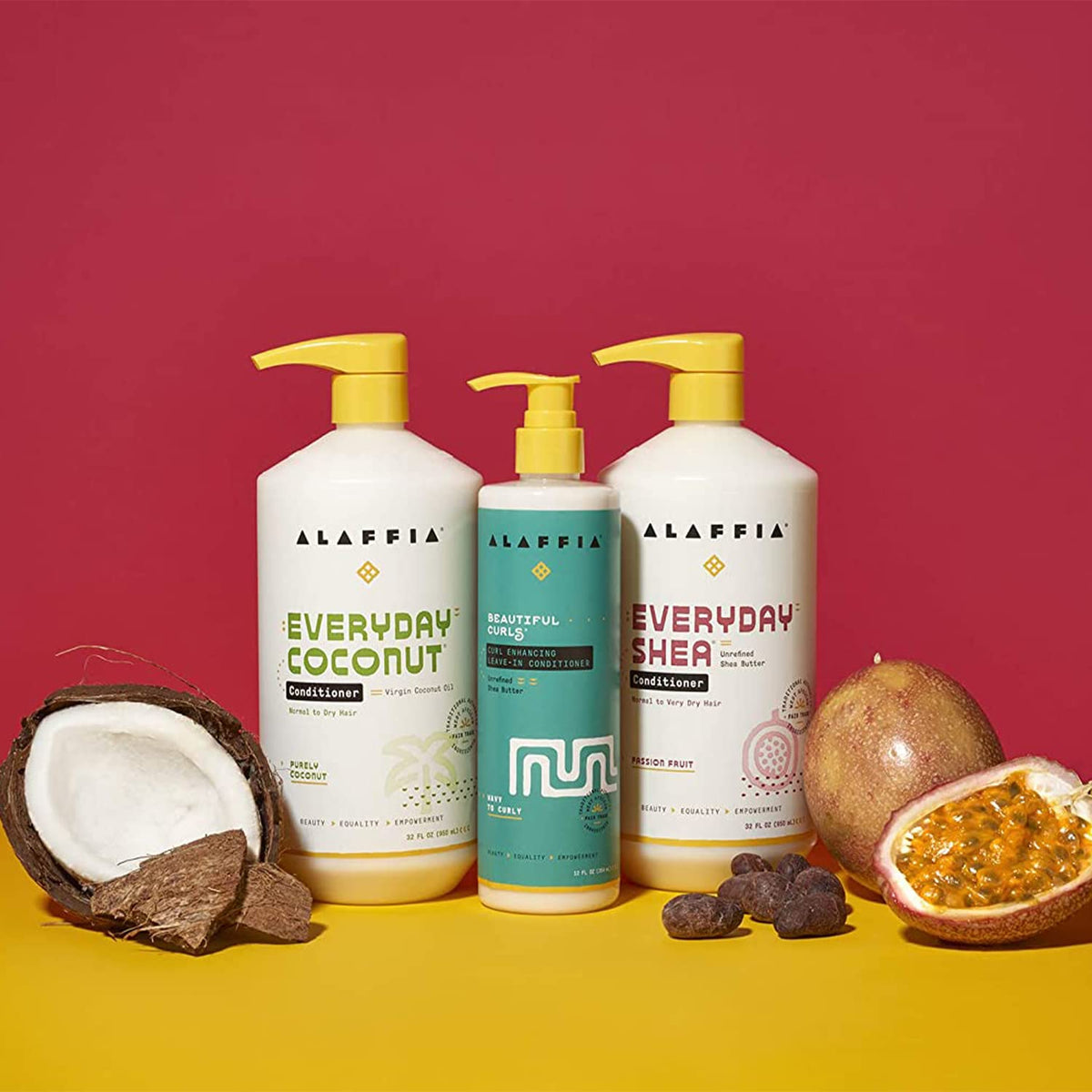 Alaffia conditioner on bathroom shelf in routine setting, supports daily use