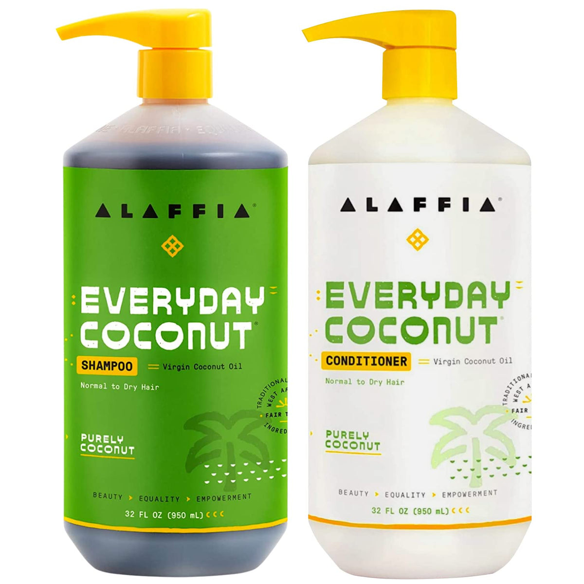 Alaffia front packaging showing both 32 fl oz bottles and clear labeling benefit