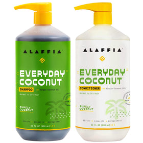 Alaffia front packaging showing both 32 fl oz bottles and clear labeling benefit