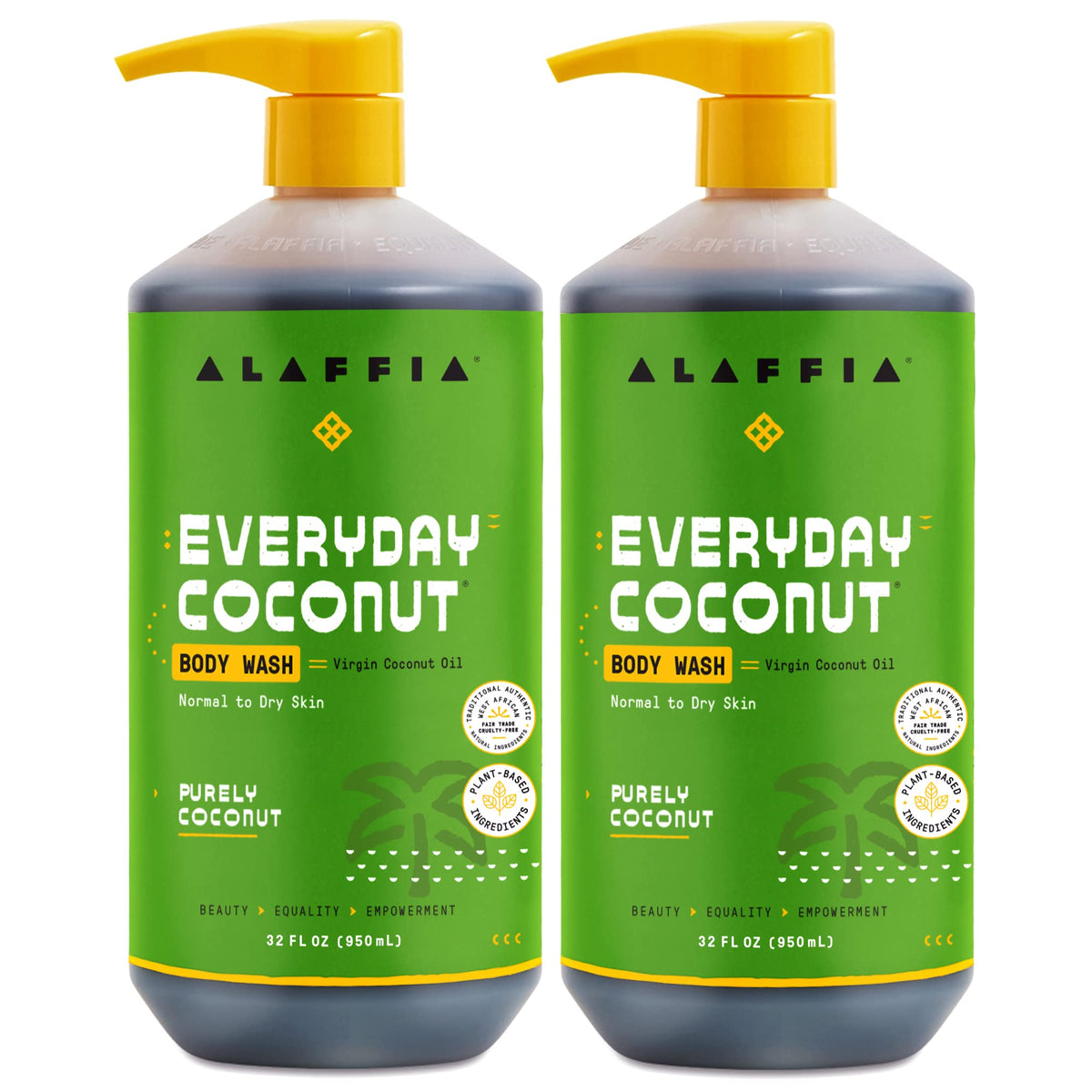 Alaffia front packaging two 32 oz bottles showing product and benefits