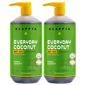 Alaffia front packaging two 32 oz bottles showing product and benefits