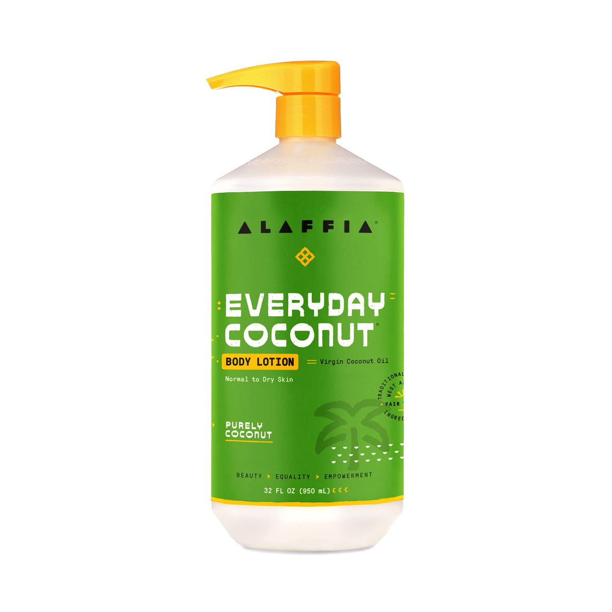 Alaffia front packaging of EveryDay Coconut 32 fl oz showing label and pump benefit: clear product identity