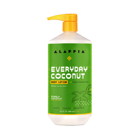 Alaffia front packaging of EveryDay Coconut 32 fl oz showing label and pump benefit: clear product identity