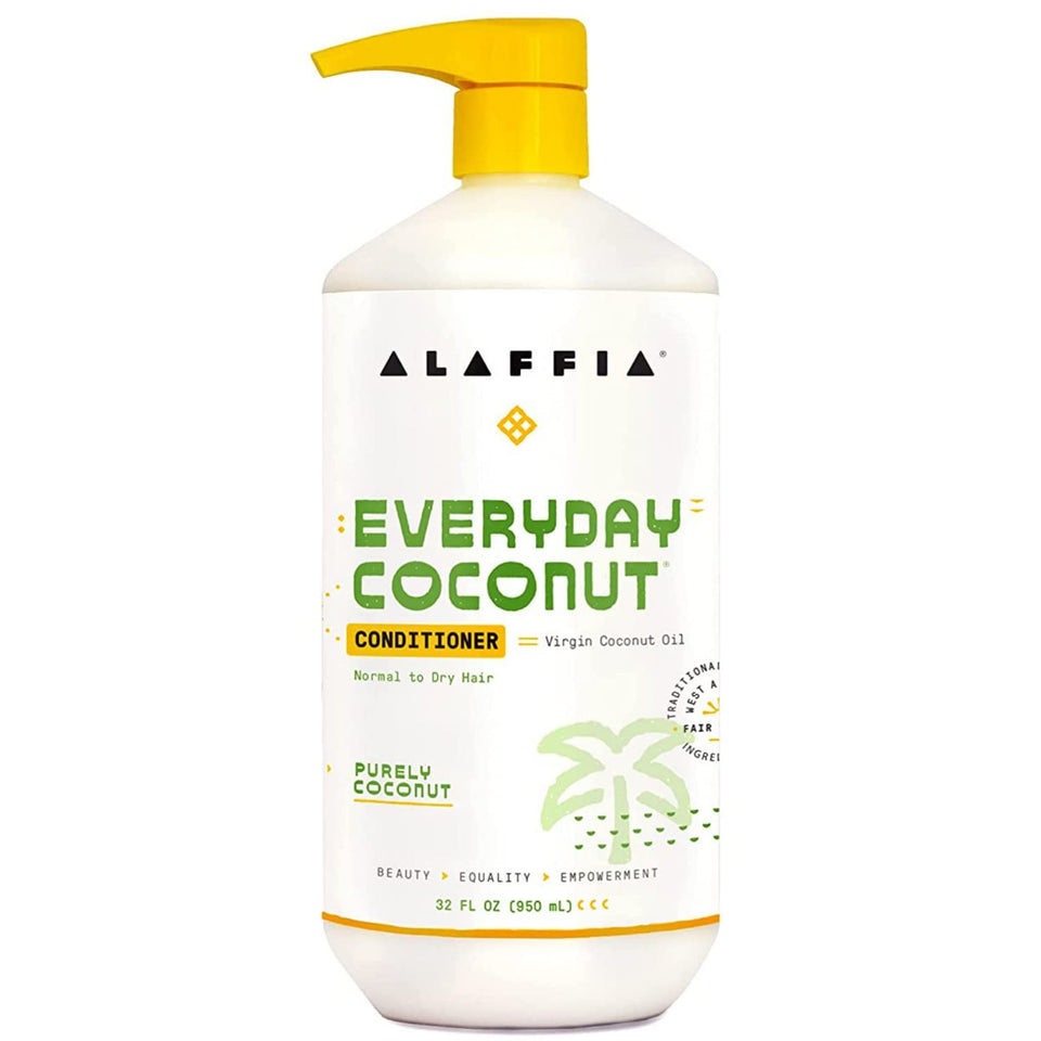 Alaffia front packaging showing 32 oz bottle and coconut branding benefits