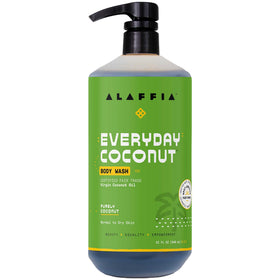 Alaffia front pump bottle showing 32 oz label and easy dispensing benefit