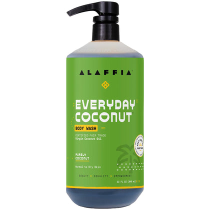 Alaffia front pump bottle showing 32 oz label and easy dispensing benefit