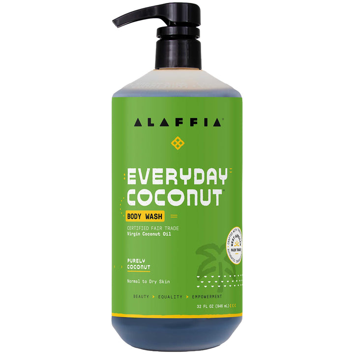 Alaffia front pump bottle showing 32 oz label and easy dispensing benefit