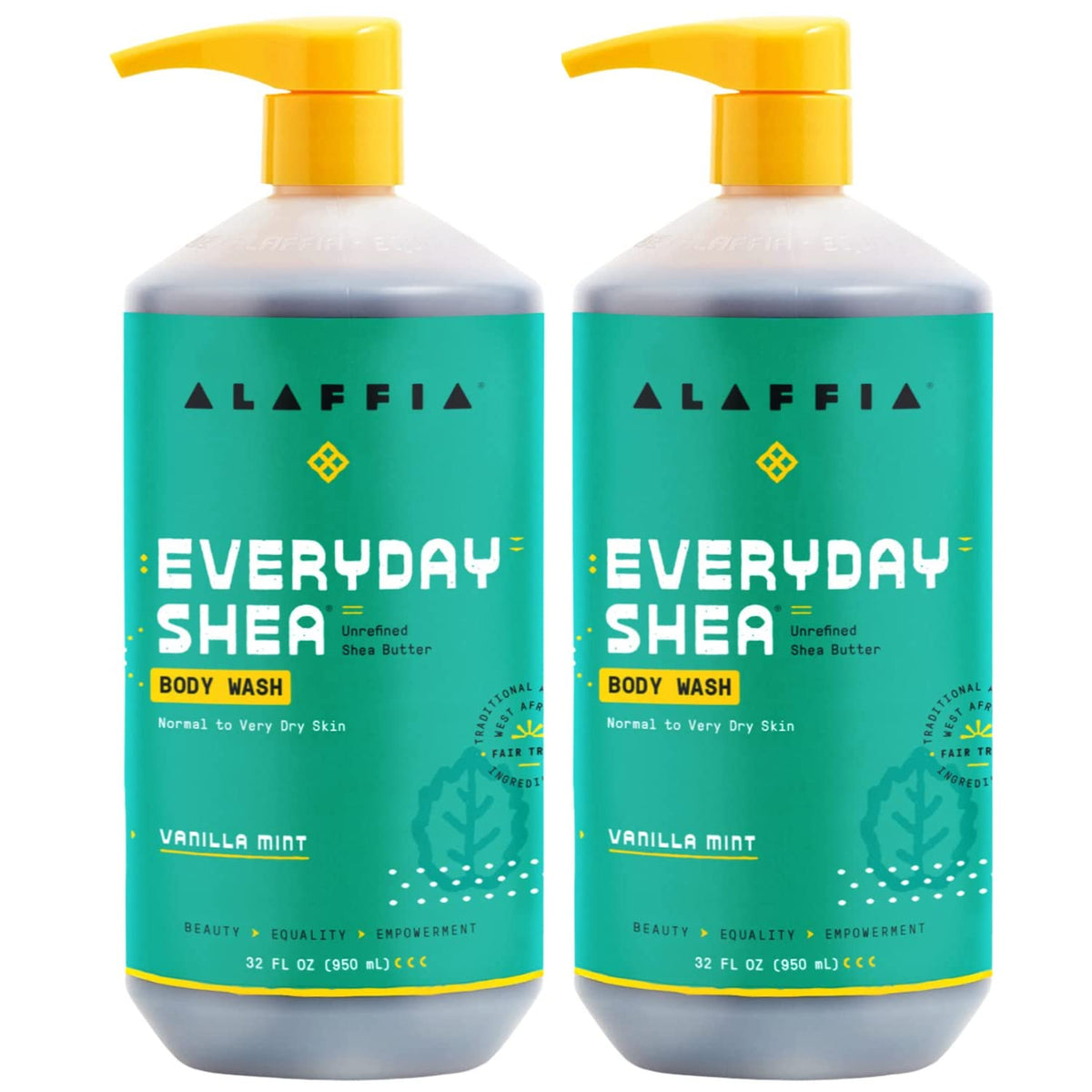 Alaffia front bottle showing label and 32 fl oz size for clear product identification and benefit