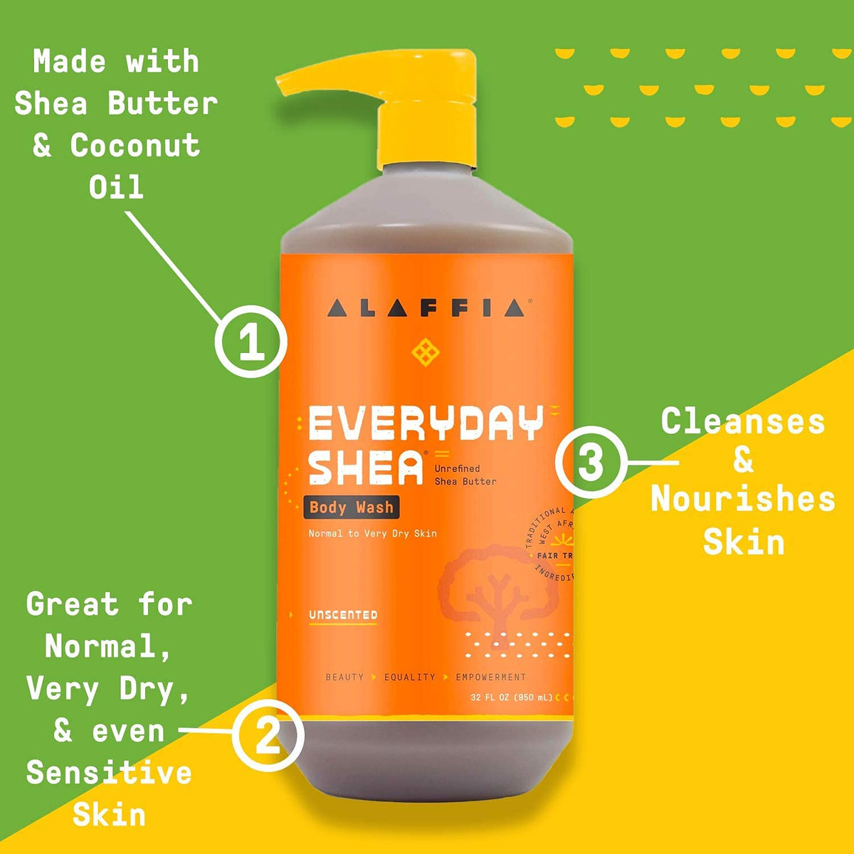 Alaffia bottle held in hand to show 32 oz scale, helpful size comparison