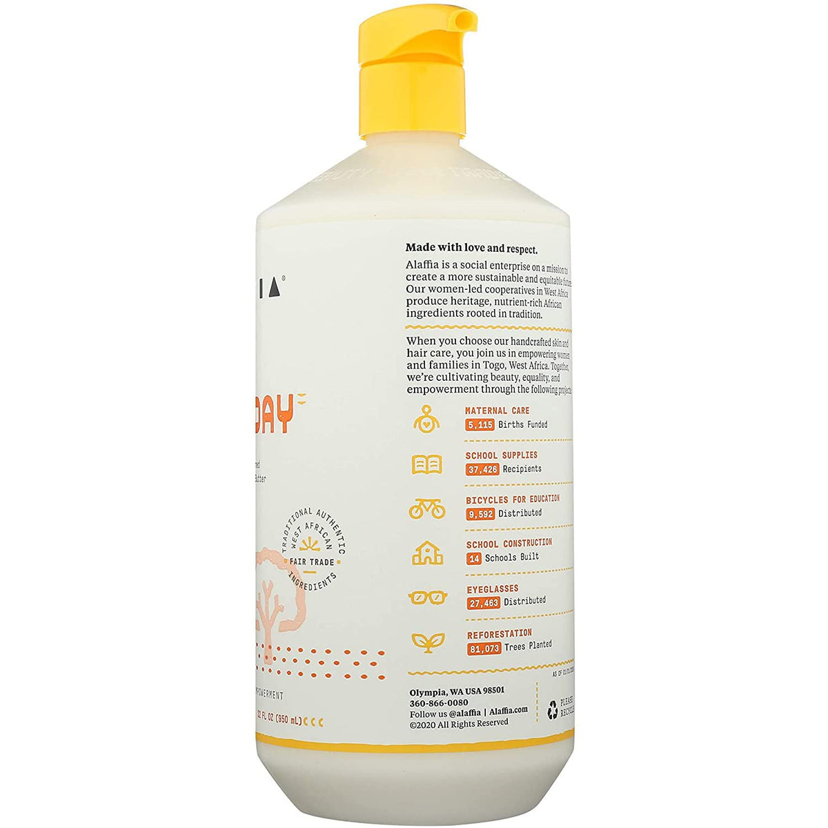 Alaffia back label close-up showing ingredients and fair-trade sourcing benefits