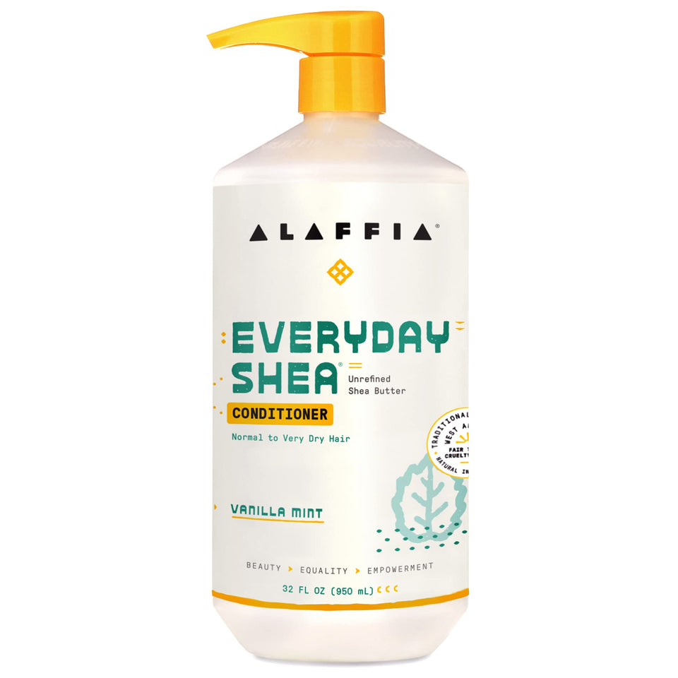 Alaffia front bottle showing product and size, highlights fair-trade benefit