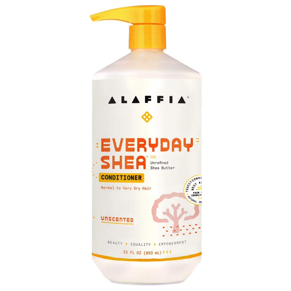 Alaffia front bottle view showing unscented shea conditioner, clear product benefits