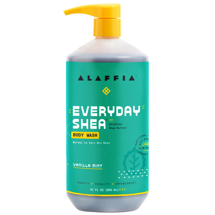 Alaffia bottle front view showing label and vanilla mint scent, clear benefit moisturizing