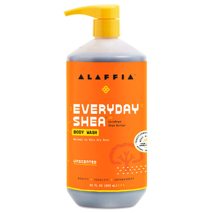 Alaffia bottle front view showing unscented shea body wash and clean ingredients