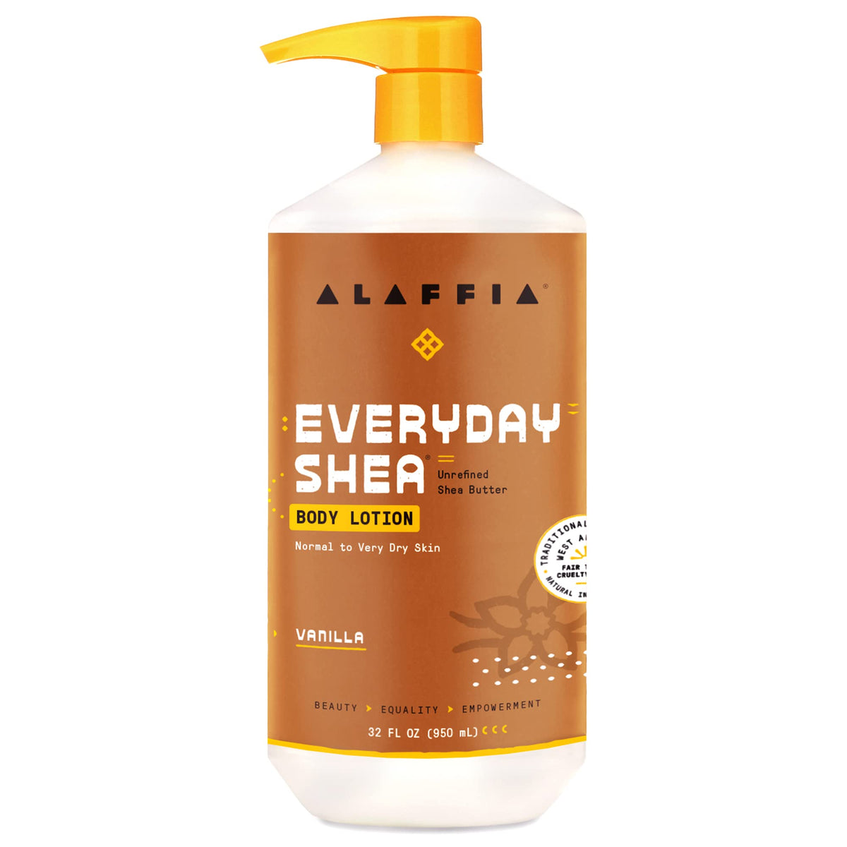 Alaffia front pump bottle showing label and size, highlights fair-trade benefit