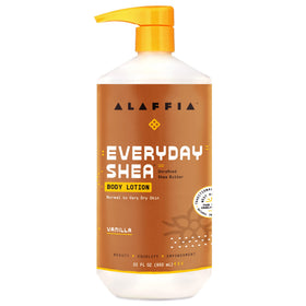 Alaffia front pump bottle showing label and size, highlights fair-trade benefit