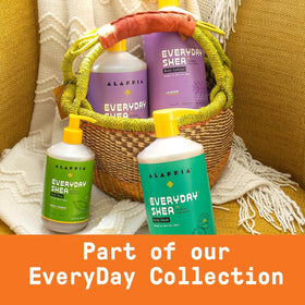 Raw shea, neem leaves and coconut oil representing Alaffia natural ingredients
