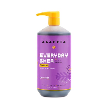 Alaffia front bottle showing lavender shampoo and ethical branding benefit
