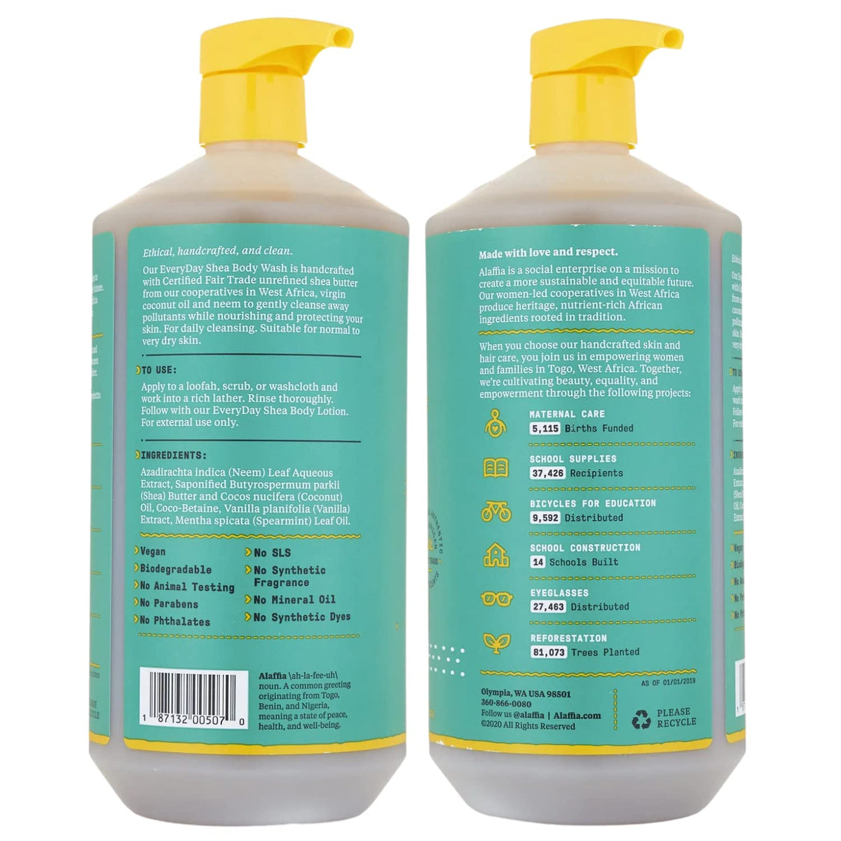 Alaffia pump dispensing body wash, demonstrating easy single-hand use and gentle cleanse