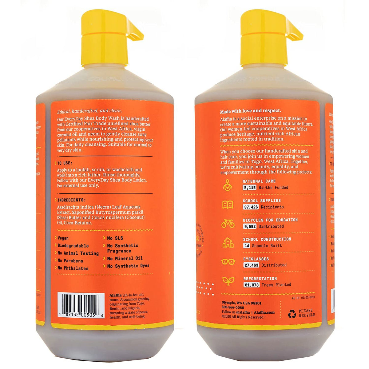 Alaffia pump top and clear label visible, convenient dispensing and clarity