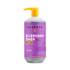 Alaffia front bottle showing label and lavender scent, clear product benefits