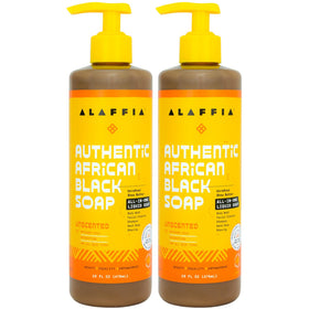 Alaffia front packaging view showing dual 16oz bottles and product benefits