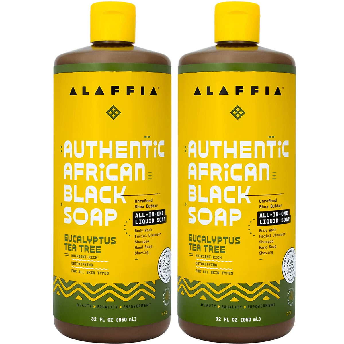 Alaffia front packaging showing eucalyptus tea tree and size, highlights convenience