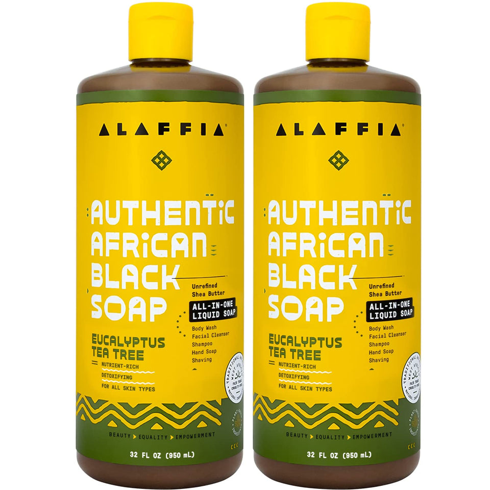 Alaffia front packaging showing eucalyptus tea tree and size, highlights convenience